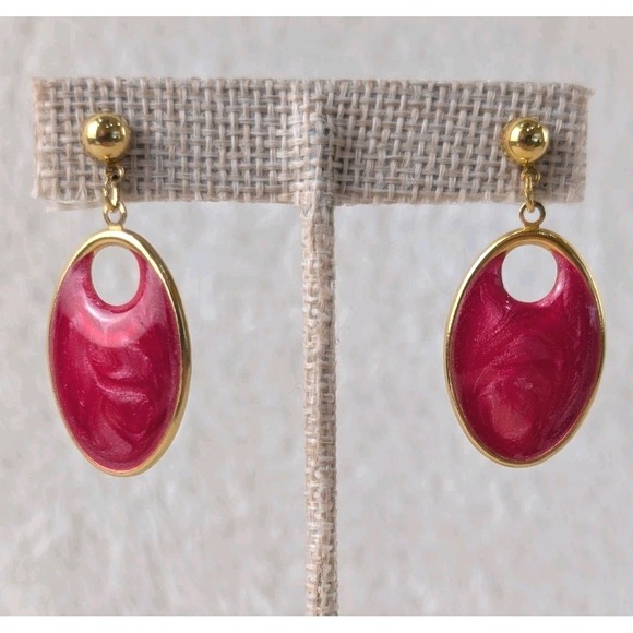 Red Oval Drop Earrings Gold Tone Marbled Resin Modern Dangle - Picture 3 of 6